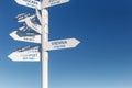 Sign indicating directions and distances to different cities of the world. The direction of the cities on the background of blue s Royalty Free Stock Photo