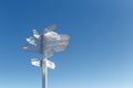 Sign indicating directions and distances to different cities of the world. The direction of the cities on the background of blue s Royalty Free Stock Photo