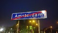 Sign indicating the end of the city of Amsterdam. Night city