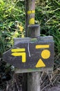 Sign indicating hikes through fields and woods