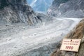 Sign indicating the level of the Glacier Mer de Glace in 1990, glacier melting illustration, in Chamonix Mont Blanc, France