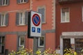 Sign indicating no parking in a space reserved for cars with disabled people. Transportation concept Royalty Free Stock Photo