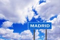 Sign with inscription Madrid with view of sky. Pointer of the settlement Royalty Free Stock Photo