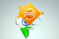 Sign with the inscription Orange zone on the background of a map of India with the Indian flag. Orange danger level, coronavirus,