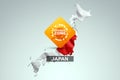 A sign with the inscription orange zone on the background of a map of Japan with the Japanese flag. Orange danger level, Royalty Free Stock Photo