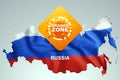 Sign with the inscription orange zone on the background of a map of Russia with the Russian flag. Orange danger level, coronavirus