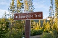 Sign for the Lakeshore trail, a hiking path around Stanley Lake in Idaho in the Sawtooth Mountains Royalty Free Stock Photo