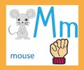 Sign language and alphabet.Cartoon letter M. Creative English alphabet. ABC concept.