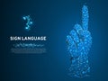 Sign language number one gesture, model of human hand Polygonal low poly. Deaf People communication. Vector