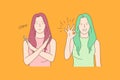 Sign language, stop and ok, opposite emotions concept