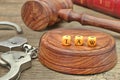Sign LAW on the Soundboard, Judges Gavel, handcuffs and book in Royalty Free Stock Photo