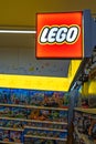 A sign with the Lego logo. Lego toys are sold in a supermarket. Minsk, Belarus, 2023