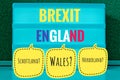 Sign with light inscription in German Brexit, England, Northern Ireland, Wales and Scotland in English Northern Ireland, Scotland,