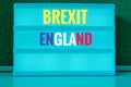 Sign with light inscription in German Brexit, England, Northern Ireland, Wales and Scotland in English Northern Ireland, Scotland,