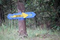 A sign marking a way and distance to santiago, in a part of \