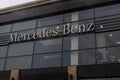 Sign of mercedes benz on the windows of a car store selling cars of 10.11.2020 in Russia, Kazan, Moskovskaya street 20