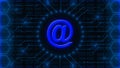 AT sign in middle of 4-digit binary code behind information connecting lines between honeycomb elements - Information technology Royalty Free Stock Photo