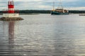 Sign on the natural pond, the river,the sea of danger and the cargo ship