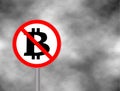 Sign No Bitcoin isolated on grey sky background. Prohibition cartoon sign. Not Allowed Sign. Vector illustration. Royalty Free Stock Photo