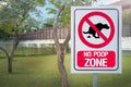 The Sign no poop zone close up image in garden day light flare.