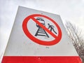 Sign not to walk on railway tracks. Railway Crossing Not Allowed or Walking on Railroad Prohibited. Russia Royalty Free Stock Photo