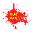 Sign : Now Open at Red Water Color Splash Royalty Free Stock Photo