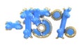 The sign -15off. Made of blue plastic with gold elements or isolate on white background. 3d illustration