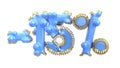 The sign -15off. Made of blue plastic with gold elements or isolate on white background. 3d illustration
