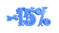 The sign -15off. Made of blue plastic or metal isolate on white background. 3d illustration