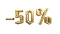 The sign -50off. Made of gold metal isolate on white background. 3d illustration Royalty Free Stock Photo