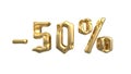 The sign -50off. Made of gold metal isolate on white background. 3d illustration Royalty Free Stock Photo