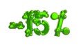 The sign -15off. Made of trendy fresh green glossy metal material isolate on white background. 3d illustration