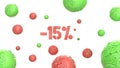 The sign -15off. Made of trendy pink material and flying green hi-tech spheres around, isolate on white background. 3d