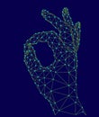 Sign Ok finger signal agreement. 3d low poly model of human hand connected dots point line. Neon green blue color