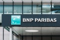 Sign outside a branch of the BNP Paribas Bank in Madrid, Spain