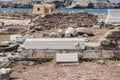 Sign outside the ruins of Ekkahsiasthpion `Ekklesiasterion` on the island of Delos
