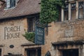 Sign outside The Porch House Inn and pub in Cotswolds, England, UK