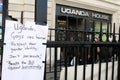 A sign outside the Ugandan High Commission in London calls on the country`s government to repeal its anti-gay laws