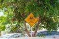 Dangerous stream sign due to flooding in Barranquilla. Colombia.