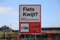 Sign with parking prohibition of bicycles and mopeds on the sidewalk next to Gouda`s town hall