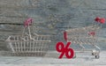 sign percent and shopping cart on wood background Royalty Free Stock Photo