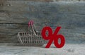 sign percent and shopping cart on wood background Royalty Free Stock Photo