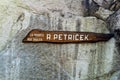 Sign of Petricek refuge in mountains near Cerro Catedral mountain, Argenti