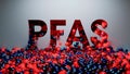 From a sign PFAS falls colorful shining balls. Conceptual 3D animation.