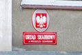 Sign of Polish government revenue office in Pruszcz Gdanski Polish: Urzad Skarbowy w Pruszczu Gdanskim