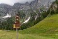 Sign post with hiking paths in the Dolomites mountains, Italy