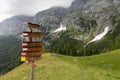 A sign post showing hiking paths in the Dolomites Alps, Italy