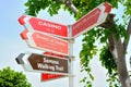 Sign post showing locations within the island of Sentosa in Singapore