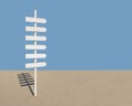 Sign post with six arrows on sandy beach Royalty Free Stock Photo
