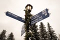 A sign post in Vail, Colorado during winter. Royalty Free Stock Photo